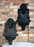 Pair of Black Metal Lion's Mask Wall Fountains