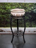 Vintage Black Cast Metal Jardineire Stand with Ceramic Jardiniere
