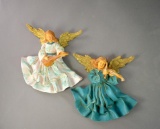 Pair of Fontanini Hanging Angels in Blue & White Robes Playing Instruments Ornaments