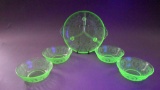 Uranium Green Depression Glass Divided Dish with Four Berry Bowls