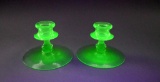 Pair of Vintage Fostoria Uranium Green Glass Candle Holders