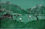 Tray with Reverse Painted Japanese Pagoda by Lake Scene