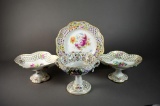 Four Pieces Dresden Porcelain: Reticulated Plate & Compote and Carl Thieme Pair of Floral Compotes
