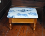 Small Footstool with Blue Toile Upholstery