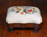Antique Footstool with Beige Embroidery Seat