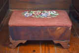 Antique Footstool with Red Embroidery Seat