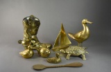 Lot of Eight Brass Items: Boot, Sailboat, Fish, Ducks, Bird, Turtle, Tennis Racket Shoehorn