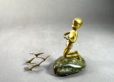 Malcom Moran Gumps Brass Figure on Stone, Boy & Seagulls
