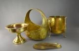 Four Hammered Brass Items: Compote, Basket, Planter, & Letter Opener w/ Pen Tray
