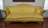 Elegant Carved Mahogany Chippendale Camelback Sofa with Gold Damask Upholstery