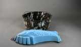 Old Graniteware Blue Enameled Fish Food Mold & Black/Gray Strainer or Colander