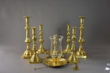 Lot of Eight Brass Candle Sticks & Snifter: Baldwin Brass, Beehive, Etc.