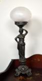 Vintage Cast Metal Loevsky & Loevsky Bronze Finish Figural Parlor Lamp with Frosted Globe