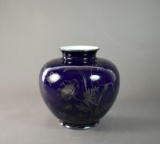 Cobalt Blue Vase with Silver Overlay Botanical Design