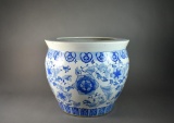 20th Century Blue & White Chinese Koi Jardiniere or Cachepot