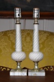 Pair of Vintage Satin Glass Column with Alabaster Base Lamps