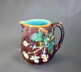 Antique Blackberries & Leaves Majolica Jug with Glazed Teal Interior