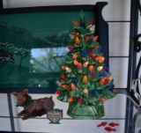 Shelf Size Vintage Lighted Ceramic Christmas Tree and Midwest Imports Reindeer Figurine