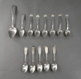 Thirteen Antique Sterling or Coin Silver Spoons: JS Abbot, LS Bailey of Maine / Vermont