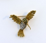 18K Gold, Diamond and Emerald Hummingbird Pin, 1.5 Inches L