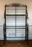 Elegant Black Wrought Iron and Antiqued Brass Baker's Rack with Glass Shelves