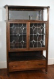 Antique Arts & Crafts Oak with Leaded Glass Curio or Doll Cabinet