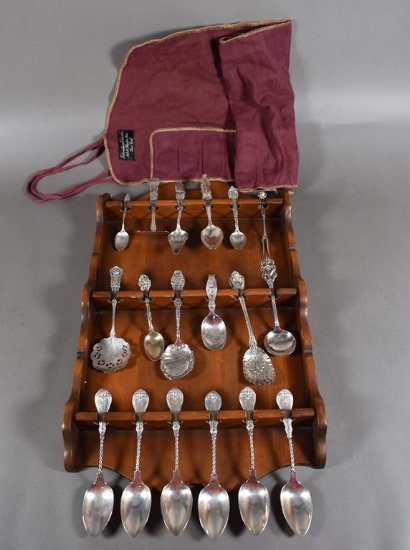 Eighteen Antique Sterling Silver Collector Pieces with Wall Display Rack