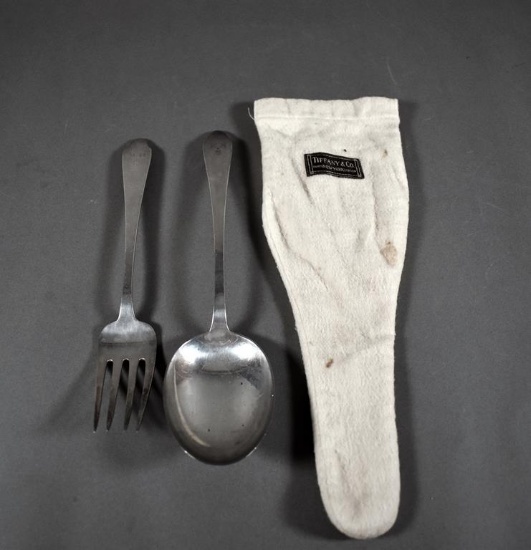 A Tiffany & Co, Sterling Silver Meat Fork and Stuffing Spoon w/ Tiffany Silver Cloth