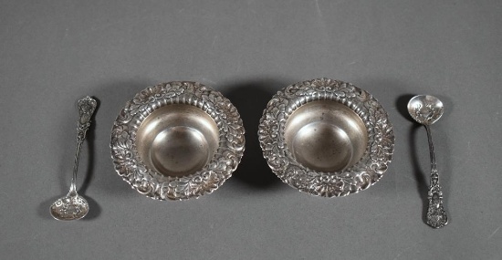 A Pair of Antique Sterling Silver Ball-Footed Salt Dips with Spoons