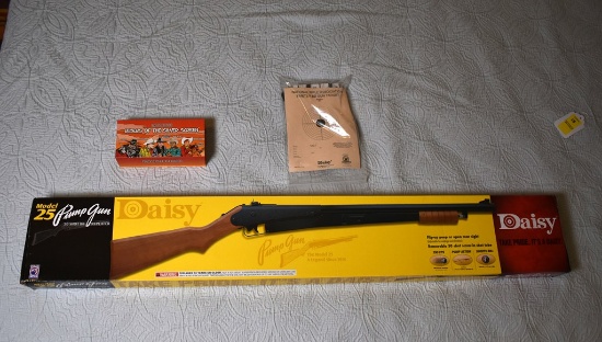 A Daisy Model 25 Pump BB Gun (NIP) with Riders of the Silver Screen Collector's Knife and Target/BBs