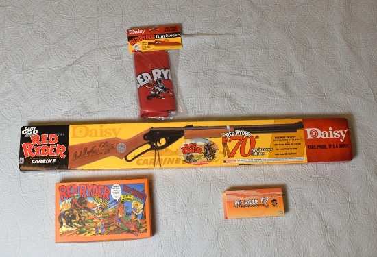 A Daisy Red Ryder 70th Anniv. BB Gun Kit (NIB) & Colt Collector's Knife, Boys Knife, & Gun Sleeve