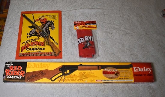 A Daisy Red Ryder BB Gun Kit (NIB), Daisy Advertising Sign & Gun Sleeve