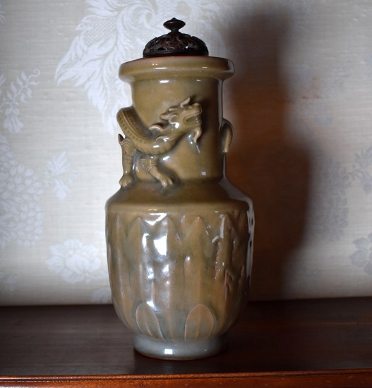 Antique Chinese Vase with Dragon Relief and Pierced Wooden Lid