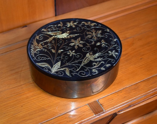 Vintage Oneida Round Brass Box with Spanish Damascene Lid