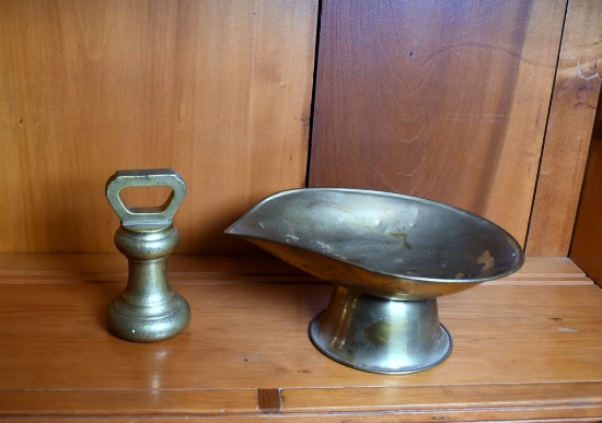 Two Antique Scale Parts: Bronze Weight and Brass Measuring Pan