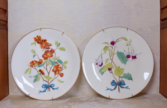 Two Unmarked Antique Minton Botanical Flower Spray 9.5” Plates