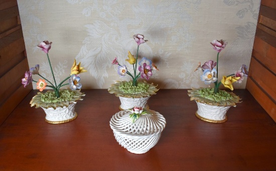 Exquisite Set of Chelsea House Port Royal Porcelain Flower Baskets, Italy & A Porcelain Box, Spain