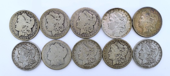 Ten Morgan Silver Dollars: 1880, 1882-O, 1884, 1885-O, 1889, 1890-O,  1899-O, 1900-O, 1901-O, 1902