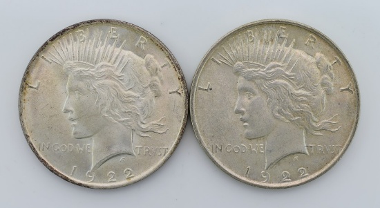 Two 1922 Peace Silver Dollars