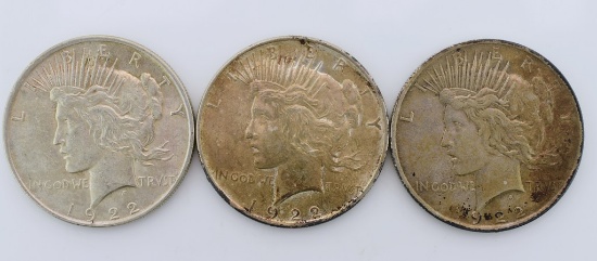 Three 1922 Peace Silver Dollars