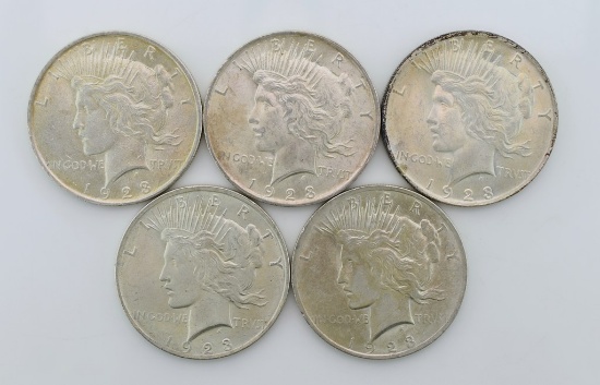 Five 1923 Peace Silver Dollars
