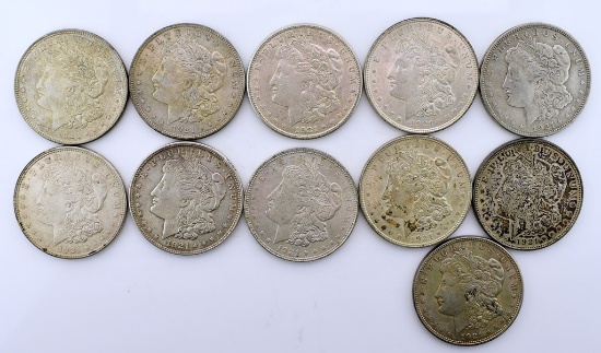 Nine 1921, One 1921-D and One 1921-S Morgan Silver Dollars, Total of 11 Coins
