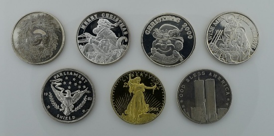 Seven 1 Ounce Fine Silver Medallion Rounds: Christmas, 9/11 Memorial, St. Gaudens, Parliament Mot...