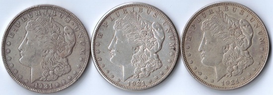 Three Morgan Silver Dollars, (1921 – 2 & 1921-S – 1)