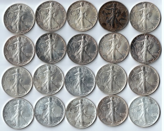 20 BU American Eagle 1 Oz. Fine Silver Coins (1987 – 6, 1988 – 2, 1989 – 1, 1991 – 11)