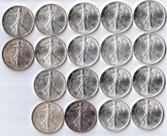 18 Brilliant Uncirculated 1990 American Eagle Coins, 1 Oz. Fine Silver Each