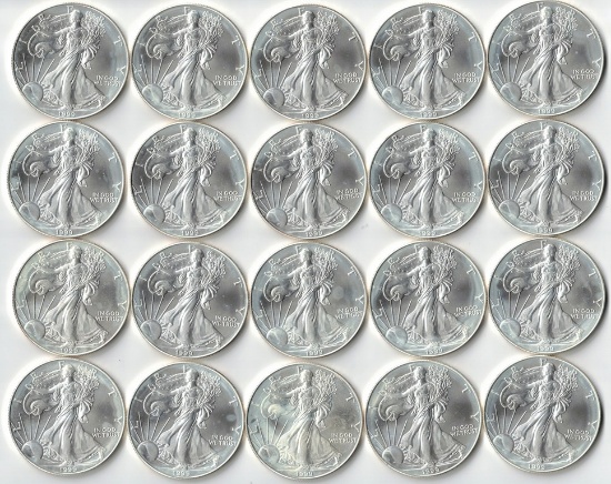 20 Brilliant Uncirculated 1999 American Eagle Coins, 1 Oz. Fine Silver Each