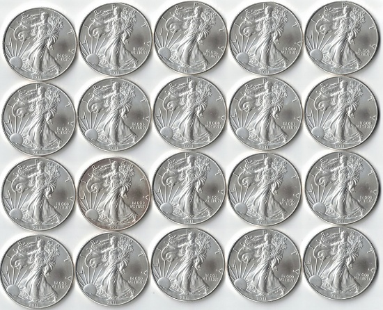20 Brilliant Uncirculated 2011 American Eagle Coins, 1 Oz. Fine Silver Each