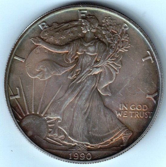 Brilliant Uncirculated with Toning 1990 American Eagle Coin, 1 Oz. Fine Silver