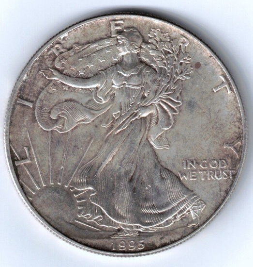 Brilliant Uncirculated 1995 American Eagle Coin, 1 Oz. Fine Silver, Slight Toning